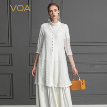 VOA2019新款真丝防晒纯色拼接丝绸七分袖桑蚕丝中长开衫外套B652图片