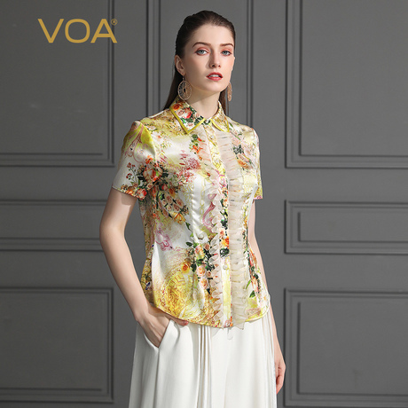 VOA2019新款真丝丝绸上衣短袖立领修身原创设计桑蚕丝衬衫女B612商品大图