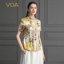 VOA2019新款真丝丝绸上衣短袖立领修身原创设计桑蚕丝衬衫女B612图片