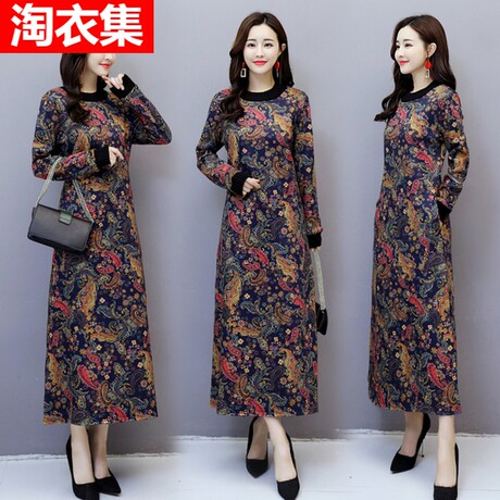 妈妈过膝连衣裙2018秋冬新款女宽松阔太太加绒显瘦长裙子中老年潮商品大图