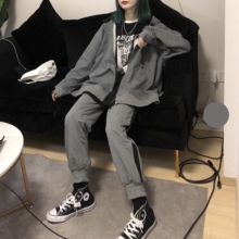 弹力休闲松紧腰抽绳运动裤 PINKSAVIOR黑灰拼条日常款