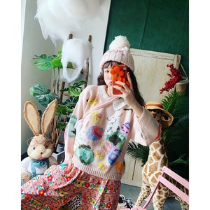 贾cuicui自制美式古着少女粉色兔子可爱娃娃领套头针织衫复古毛衣