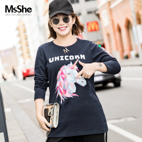 MsShe加大码女装2018新款冬装胖mm独角兽印花针织T恤M1831075商品大图