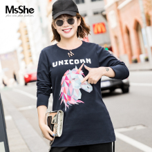 MsShe加大码女装2018新款冬装胖mm独角兽印花针织T恤M1831075图片