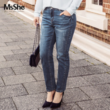 MsShe加大码女装2018新款冬装 弹力修身牛仔小脚长裤M1833145图片