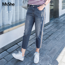 MsShe大码女装2018新款秋装胖mm时尚织带棉氨牛仔八分裤M1821286图片