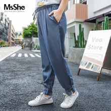 MsShe大码女装2018新款夏装胖mm休闲天丝牛仔哈伦九分裤M1823083图片