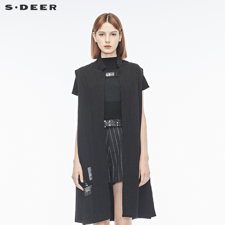 sdeer圣迪奥2018新款女装翻领贴布长款无袖背心马甲S18181601商品大图
