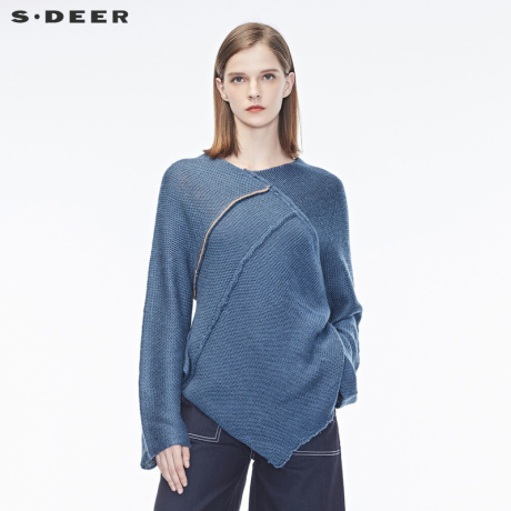 sdeer圣迪奥女装复古感不规则明线拼接小V领毛衣S18353591商品大图