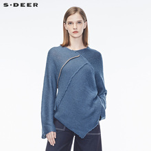 sdeer圣迪奥女装复古感不规则明线拼接小V领毛衣S18353591图片