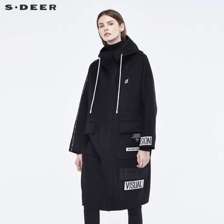sdeer圣迪奥街头撞色字母个性布贴装饰创意贴袋连帽大衣S18481878商品大图