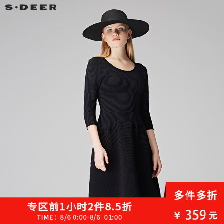 sdeer圣迪奥女2018秋季纯黑高腰分割细褶圆领连衣裙S17383539商品大图