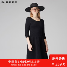 sdeer圣迪奥女2018秋季纯黑高腰分割细褶圆领连衣裙S17383539图片