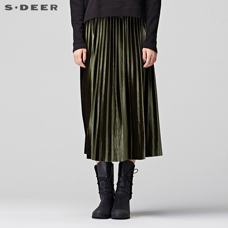 sdeer圣迪奥女装2017冬金属光泽感风琴百褶金丝绒长裙S17481111商品大图