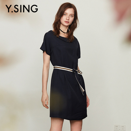 衣香丽影商场同款2018年夏装新款时尚撞色系带修身短袖连衣裙女商品大图
