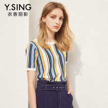 针织衫女套头短袖条纹衣香丽影2018夏装新款时尚低圆领薄款上衣图片