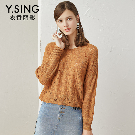 毛衣女套头镂空宽松衣香丽影2018秋装新款韩版长袖V领羊毛上衣商品大图