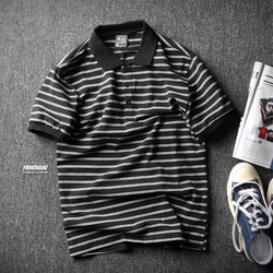 青少年日系polo衫夏季条纹T恤男短袖学生文艺翻领保罗男士潮半袖