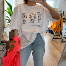 Hamo韩国东大门代购19夏新款可爱线条卡通减龄宽松佰搭短袖T恤女