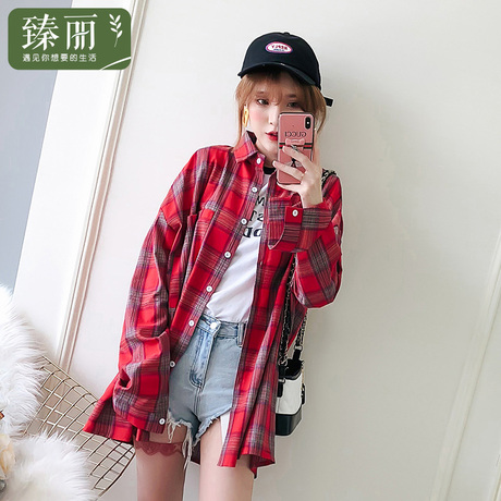 臻丽 2018新款初秋胖妹妹大码女装遮肚子格子衬衫中长款开衫外套商品大图