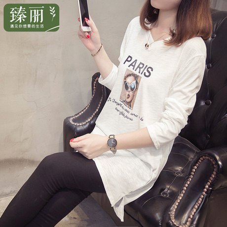 臻丽 洋气新款2018胖妹妹大码秋装女胖mm潮t恤长袖打底衫中长款商品大图