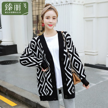 臻丽 2018新款大码冬装女胖妹妹遮肚子菱格开衫毛衣女宽松针织衫图片