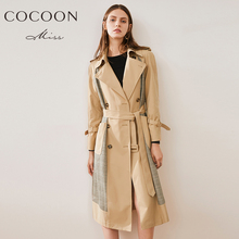 miss COCOON2018秋装新品女装拼接双排扣收腰系带风衣外套图片
