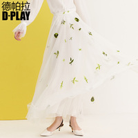 DPLAY2018夏季新品欧美白色网纱长裙绿叶刺绣半身裙仙女裙