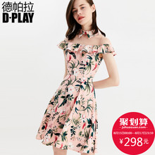 DPLAY德帕拉2018早秋欧美印花翻领网纱透视荷叶边时尚连衣裙