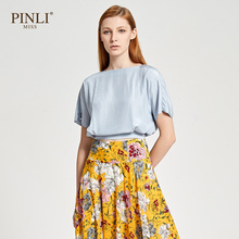 PINLI品立2018夏季新款女装纯色露背短袖收腰衬衫上衣A182113034