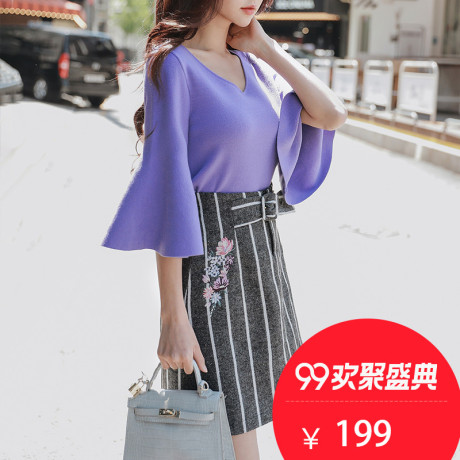 粉红大布娃娃秋装女2018新款时尚淑女绣花灰色条纹半身裙A字短裙商品大图