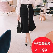 粉红大布娃娃秋冬2018新款女装时尚法式优雅包臀小鱼尾黑色半身裙图片