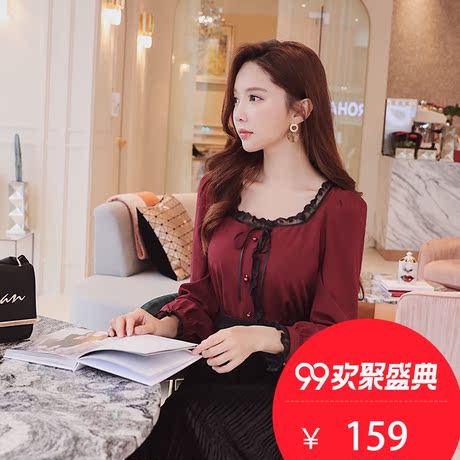 粉红大布娃娃秋冬2018新款气质复古淑女优雅方领花边系蝴蝶结衬衫商品大图