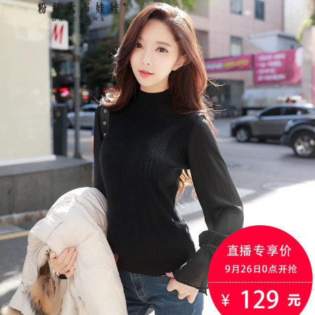粉红大布娃娃韩版针织衫打底衫灯笼袖修身套头高领毛衣女商品大图