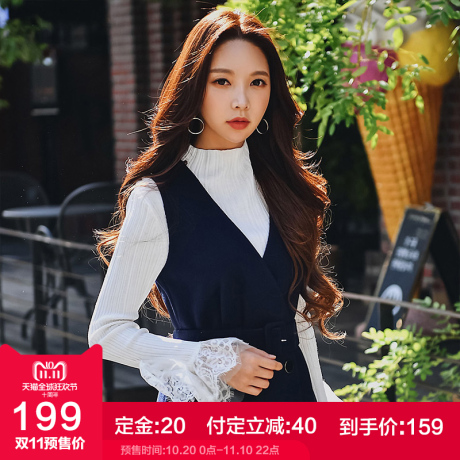 粉红大布娃娃修身针织衫冬装女2018新款优雅拼蕾丝优雅修身打底衫商品大图