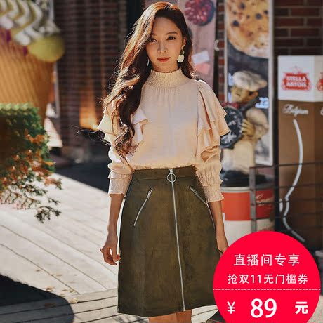 粉红大布娃娃2018新款淑女复古港味军绿色高腰显瘦半身裙A字裙商品大图