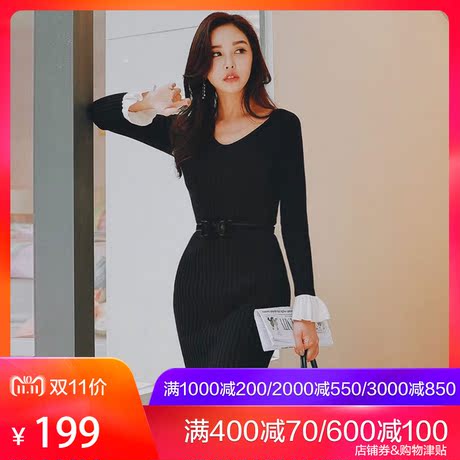 粉红大布娃娃秋冬2018新款时尚甜美淑女黑色修身荷叶边针织连衣裙商品大图