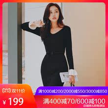 粉红大布娃娃秋冬2018新款时尚甜美淑女黑色修身荷叶边针织连衣裙图片