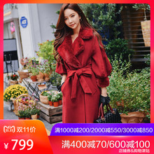 粉红大布娃娃冬装2018新款复古优雅毛领灯笼袖中长款毛呢大衣外套图片