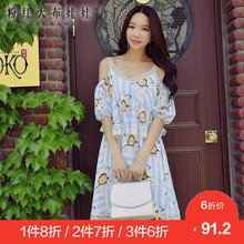 粉红大布娃娃2017夏季新款露肩V领收腰短袖中腰韩版散摆连衣裙女图片