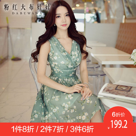 粉红大布娃娃V领连衣裙女新款气质OL印花V领大摆中腰百褶裙连衣裙商品大图