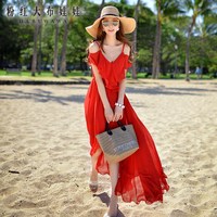 粉红大布娃娃红色连衣裙夏季女装性感露肩沙滩裙度假吊带雪纺长裙