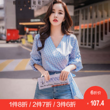 粉红大布娃娃2018春季新品休闲浪漫V领格子蝴蝶结系带长袖衬衫女图片