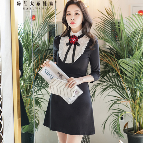 粉红大布娃娃韩版时尚气质立领花朵蝴蝶结七分袖撞色A字摆连衣裙商品大图