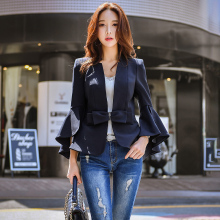 秋装女2018新款优雅OL职业多色喇叭袖蝴蝶结收腰西装外套小西服图片