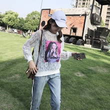 甜美女人 上衣 蕾丝镂空卫衣T恤 804FG2310昊 18夏印花长袖