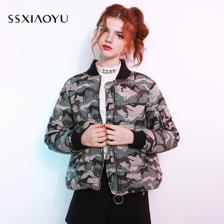 SSXIAOYU女装冬季新款韩版chic加厚迷彩棒球领A型短款羽绒服女潮商品大图