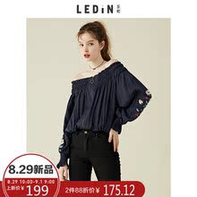 乐町2018秋季新款一字领灯笼袖绣花上衣雪纺衫露肩上衣服超仙女装图片
