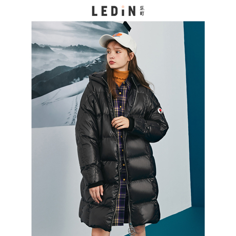 乐町长款玫瑰标羽绒服2018冬装新款女加厚白鸭绒宽松时尚连帽外套商品大图