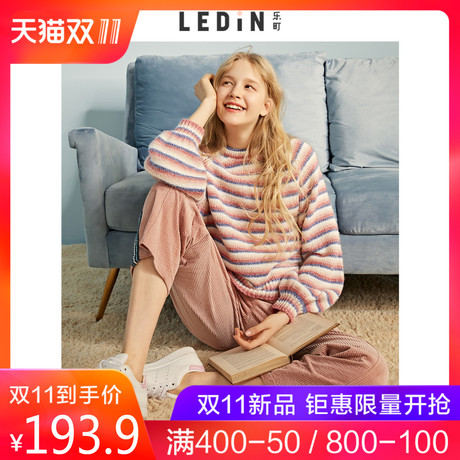 乐町彩色条纹毛衣2018冬装新款宽松撞色套头慵懒风毛针织衫线衫女商品大图